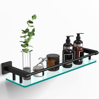 Bathroom Glass Shelf 20IN Rectangular Stainless Steel Tempered Glass Shelves Modern Stainless Steel Wall Mount Bathroom Shelf (Matte Black, 20‘’) - color: Matte Black, size: 20'' with Railing