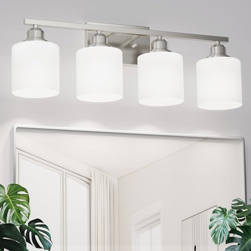 4-Light Bathroom Light Fixtures Over Mirror, Glass Shade & Anti-Rust Nickel Finished,Brushed Nickel Vanity Lights, Modern Bathroom Vanity Light, Bathroom Light for Small Space - color: Brushed Nickel-4 Light