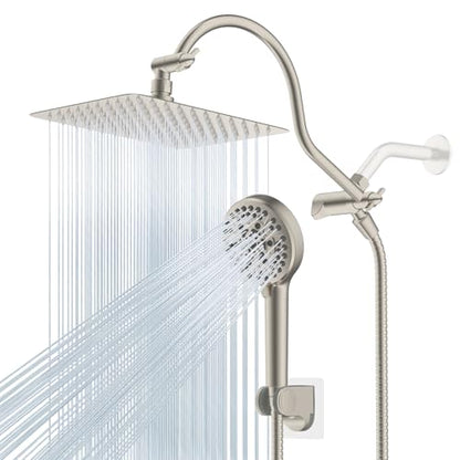 Hibbent All Metal CUPC Certified Shower Head, 10'' High Pressure Rainfall Shower Head, Handheld Showerhead Combo, 12'' Adjustable Extension Arm, 10 Sprays, 71'' Hose, Showerhead Holder, Brushed Nickel - color: Brushed Nickel, style: Square 10''