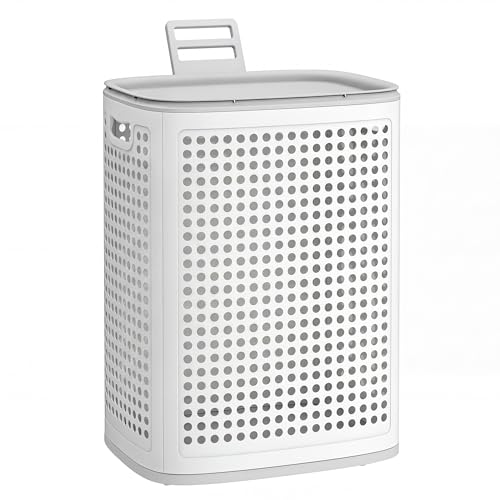 SONGMICS Laundry Hamper with Lid, Plastic Laundry Basket, 19.8 Gallons (75 L), Slim Storage Basket, for Bathroom, Bedroom, White and Gray URLH021WG01 - color: White + Gray, size: Lid