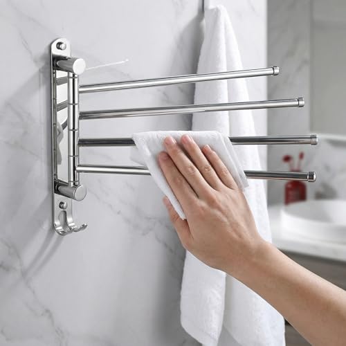 Swivel Towel Rack Wall Mounted, 1/2/3/4-Bar Options, 12.8" Long Arm SUS304 Stainless Steel, No Drill Adhesive 180° Rotating, Heavy Duty Rustproof Towel Bar for Bathroom Kitchen (Holds 30 lbs) - color: 2-bar