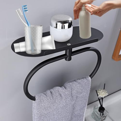 Towel Ring with Shelf, Heavy Duty Stainless Steel Bathroom Hardware, Adhesive No-Drill or Drill Mount Wall Mounted Towel Holder for Bathroom and Kitchen (Black) - color: Black