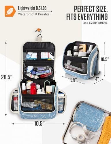 VENTURE 4TH Hanging Travel Toiletry Bag, 17 Compartments - Blue Flowers | Hangs on rails, hooks or doors; stands upright too. Removable TSA pouch. Water-resistant 900D Nylon, reinforced stitching. - color: Blue Flowers