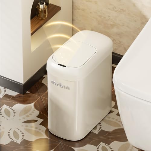 MRBIN Motion Sensor Adsorption Bag Bathroom Trash Can with Lid and Wheels, 10L/2.6gal Automatic Waste Basket Slim Electric Metal Garbage Bin for Office, Bedroom, Rv, Cream White