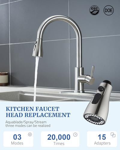 Kitchen Faucet Spray Head Replacement, Pull Down Sprayer with 15 Adapters | Pull Out Faucet Spray Nozzle, 3 Modes Stream/Spray/Strong Spray, DOE CEC Certified, Simple Installation, Brushed Nickel - color: Brushed Nickel