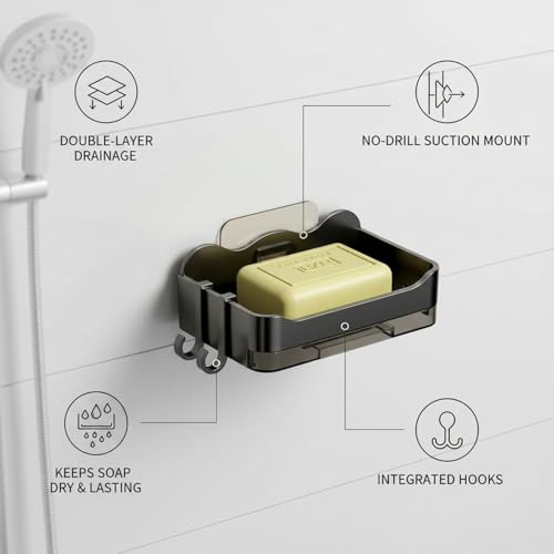Double Layer Soap Dish with Suction Cup, No Drill Wall Mount Holder for Shower and Sink, PP Plastic Drainage Tray (1 PC) - color: Black