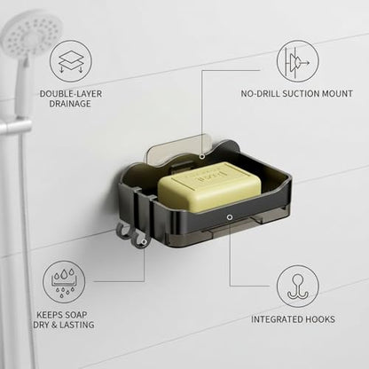 Double Layer Soap Dish with Suction Cup, No Drill Wall Mount Holder for Shower and Sink, PP Plastic Drainage Tray (1 PC) - color: Black