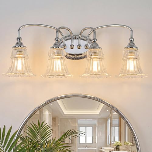 4-Light Vintage Bathroom Light Fixtures, Chrome | Vanity Lights Over Mirror with Floral Glass Shade for Bathroom Powder Room, Living Room Hallway - color: Chrome, size: 4-light