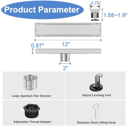 12 Inch Linear Shower Drain-Brushed Nickel, with Tile Insert Grate | AISI 304 Stainless Steel Shower Drain, Rectangle Shower Floor Drain with Leveling Feet, Fits Bathroom & Balcony etc - color: Brushed Nickel, size: 12 Inch