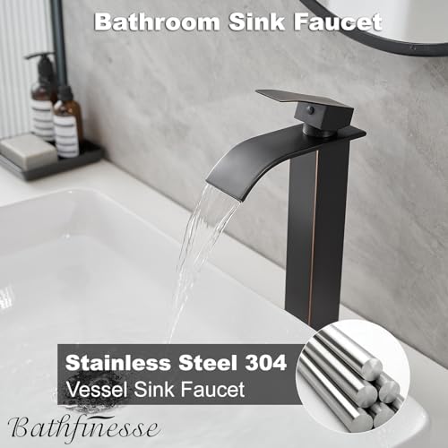 Bathroom Faucet Oil Rubbed Bronze, Bathfinesse Faucet for Bathroom Sink 1 Hole One Handle Deck Mount Veseel Sink Bowl with Pop-up Drain Stopper and Supply Hoses - color: Oil Rubbed Bronze, size: Tall with Drain Assembly