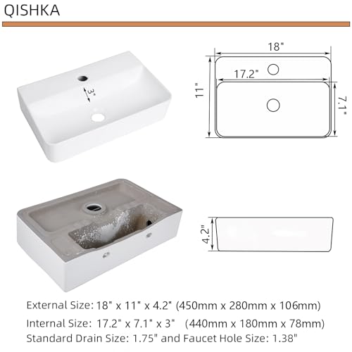 Wall Mounted Bathroom Vessel Sink, QISHKA 18" X 11" Rectangular Floating Ceramic Wash Hand Basin White Wall Hung Vanity Sink for Bathroom and Cloakroom - size: 18" x 11" x 4.3"