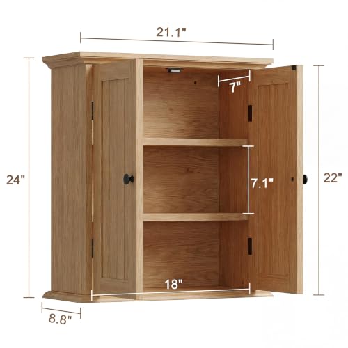 ChooChoo Bathroom Wall Cabinet with 2 Doors, Over The Toilet | 8.8"D x 21.1"W x 24"H, Medicine Cabinet, Adjustable Shelves, Cupboard, Natural - color: Natural, size: 8.8"D x 21.1"W x 24"H