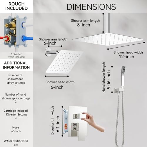STARBATH Shower Faucet Set Shower System with Diverter Valve, Chrome | 12 Inch Ceiling Mount Rain Shower Head, 6 Inch Wall Mount Rainfall Shower Head and Handheld Spray for Two Person - color: Chrome, size: 12"+6"-02