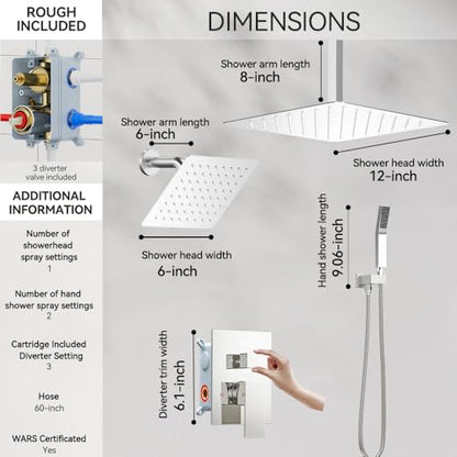 STARBATH Shower Faucet Set Shower System with Diverter Valve, Chrome | 12 Inch Ceiling Mount Rain Shower Head, 6 Inch Wall Mount Rainfall Shower Head and Handheld Spray for Two Person - color: Chrome, size: 12"+6"-02