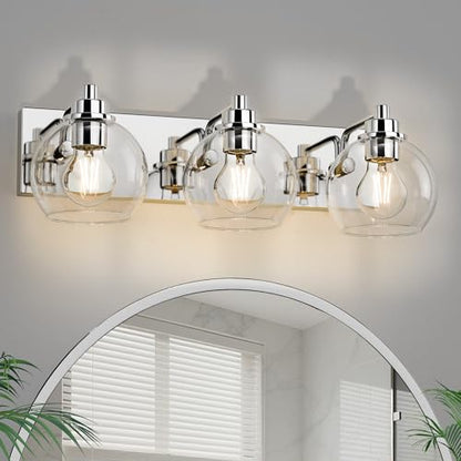 3 Light Bathroom Light Fixtures-Chrome Bathroom Vanity Lights, Modern Vanity Lights 3-Light Bathroom Lighting Fixtures Over Mirror with Clear Glass Globe Shade - color: Polished Chrome, size: 3-Light