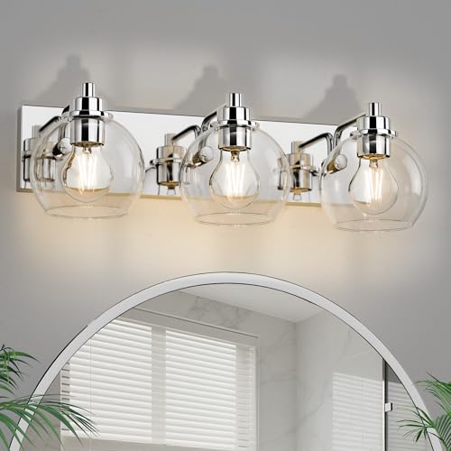 3 Light Bathroom Light Fixtures-Chrome Bathroom Vanity Lights, Modern Vanity Lights 3-Light Bathroom Lighting Fixtures Over Mirror with Clear Glass Globe Shade - color: Polished Chrome, size: 3-Light