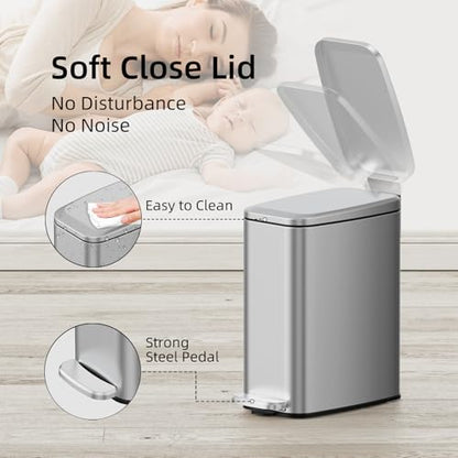 KUK Slim Bathroom Trash Can with Lid, 1.6 Gal / 6L Stainless Steel Small Garbage Bin with Detachable Inner Bucket, Step Pedal, Silent Close, Wastebasket for Toilet, Bedroom, Home, Office (Silver) - color: Silver