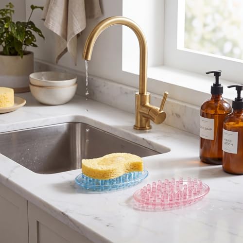 2 Pcs Plastic Soap Holder Soap Dish Bar Saver Tray with Holes Sponge Holder for Kitchen Bathroom Shower Counter, 4.5 x 3 x 0.7 Inches (Pink,Blue) - color: Pink, Blue