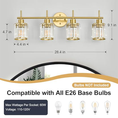 Brushed Gold Bathroom Light Fixtures, Round, 3-Light | Vanity Lights with Crystal Shades, Modern Bathroom Lighting Fixtures over Mirror (Bulbs Not Included, E26) - color: Brushed Gold (Round), size: 4-Light