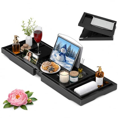 Artmeer Bamboo Bathtub Tray Caddy, Expandable Bath Table for Tub, Bathroom Organizer with Cup Holder, Book Stand and Extending Sides, Black