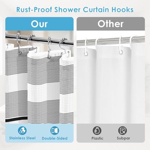 3 in 1 Shower Curtain and Liner,72 x 72 inch, Striped Black | Shower Curtain and PEVA Liner Set with 12 Rust-Resistant Metal Hooks, Waterproof Fabric Curtains for Bathroom - color: Black