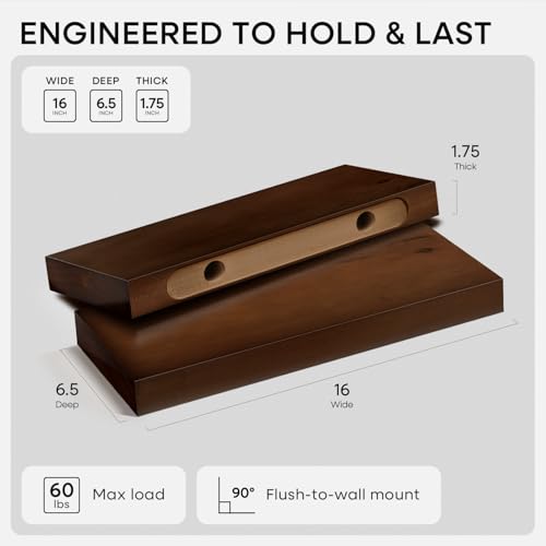 Walnut Floating Bathroom Shelves, High End Solid Real Wood 16 inch Small Floating Shelf for Wall Mounted, Dark Brown 16inch Floating Shelves, Heavy Duty Bracket, 16 X 6.5 X 1.75 in, Set of 2 - color: American Walnut - Satin Dark Tone, size: 16 inch