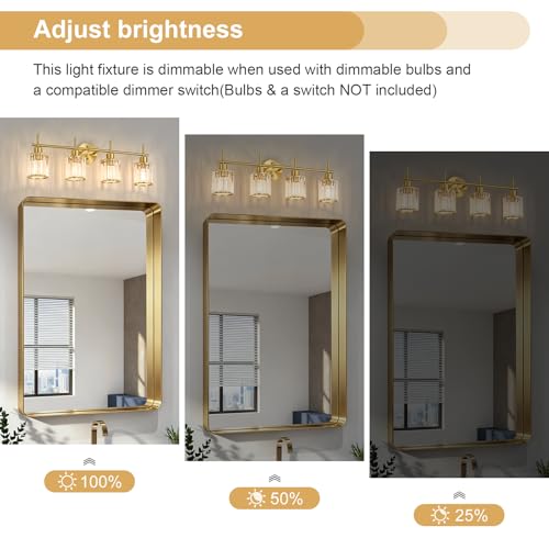 Brushed Gold Bathroom Light Fixtures, Round, 3-Light | Vanity Lights with Crystal Shades, Modern Bathroom Lighting Fixtures over Mirror (Bulbs Not Included, E26) - color: Brushed Gold (Round), size: 4-Light