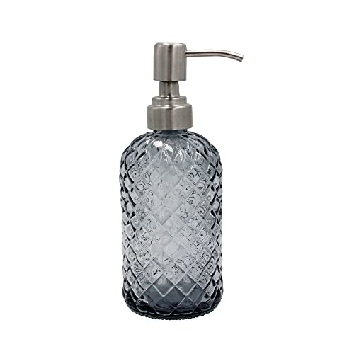 16 oz Diamond Pattern Glass Soap Dispenser, Kitchen and Bathroom Refillable Soap Dispenser with Rust Resistant Stainless Steel Pump for Hand Soap, Lotion Glass Liquid Dispenser (Grey) - color: Gray