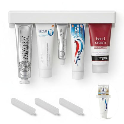 Toothpaste Holder Wall Mounted, Extra Large Tooth Paste Holder for Bathroom | JM.JEEMI Face Cream & Cosmetic Tubes Hanger, Wall Tube Organizers Gripper with 3 Toothpaste Squeezers - Adhesive, White - size: X-Large