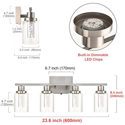 MELUCEE 4-Light LED Bathroom Lighting Fixtures Brushed Nickel,3000K-6000K | Dimmable LED Vanity Light for Bathroom Bathroom Wall Lights with Crystal Bubble Clear Glass Shade, Built-In LED Chips - color: Brushed Nickel, size: LED-4 Lights