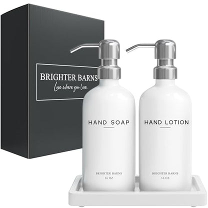 White Glass Soap and Lotion Dispenser Set by Brighter Barns - Bathroom Soap Dispenser Set Tray - Liquid Hand Soap Dispenser Pump - Modern Bathroom Accessories for Guest, Hotel, Spa, Restaurant (White) - color: Silver Sl