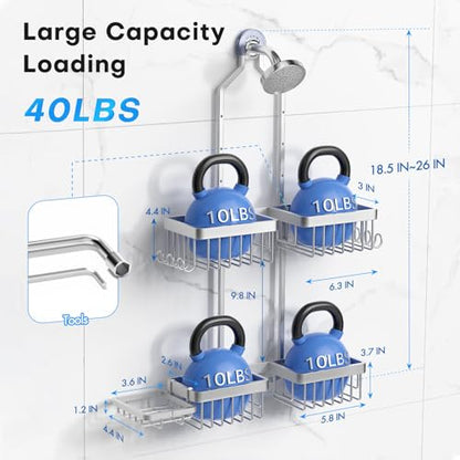 Sewulidon Aluminum Alloy Hanging Shower Caddy for Handheld Shower Heads,Rustproof Hose Shower Organizer 4 Levels Height Adjustable Shower Rack with Hooks,Razor Holder,Soap Holder - color: Aluminum Silver