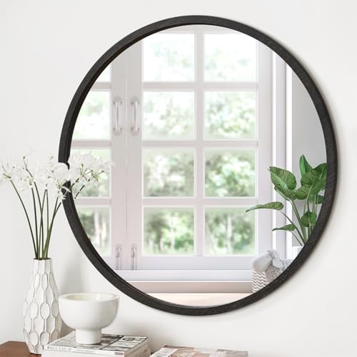 JJUUYOU Round Wall Mirror 20" Hanging Circle Mirror Round Mirrors for Bathroom Wooden Farmhouse Frame Mirrors for Bedroom Living Room or Entryway Wall Decorative - color: Bling Black, size: 20"L x 20"W
