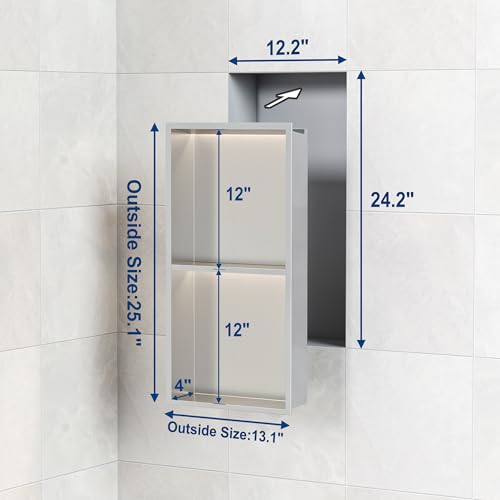 Brushed 2-Tier 3 CCT LED Niche, 12"x24" No-Tile Shower Storage | shower niche with 3-Temperature LED Strip Light (4000K/6000K/3000K),Waterproof, Sturdy&Durable,304 Stainless Steel Wall Niche - color: Brushed, size: 12X24In