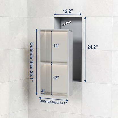 Brushed 2-Tier 3 CCT LED Niche, 12"x24" No-Tile Shower Storage | shower niche with 3-Temperature LED Strip Light (4000K/6000K/3000K),Waterproof, Sturdy&Durable,304 Stainless Steel Wall Niche - color: Brushed, size: 12X24In