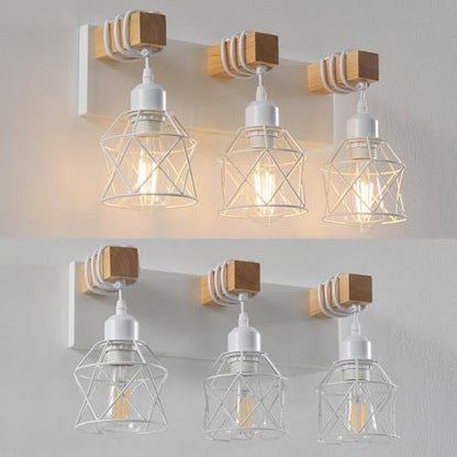 Farmhouse Vanity Light Fixture,3-Light Bathroom Lighting,White Modern Wood Wall Light Over Mirror with Metal Shade,Bulbs NOT Included - color: White, size: 3-Light-Wide 18"