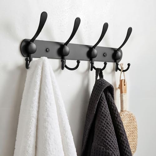 YUNISS Coat Rack Wall Mounted，4 Tri Stainless Steel Coat Hook for Coat Hat Robes Towel in Mudroom Entryway (Black, 2 Pack 4) - color: Black, size: 2 Pack 4