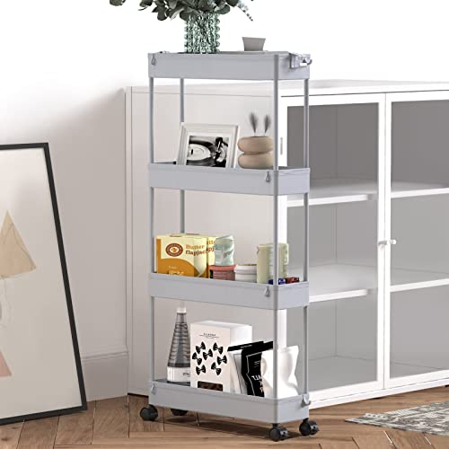 Slim Storage Cart 4 Tier,Bathroom Organizer Rolling Utility,Mobile Shelving Unit Slide Out for Office, Kitchen, Laundry Room & Narrow Places,Gray - color: Gray