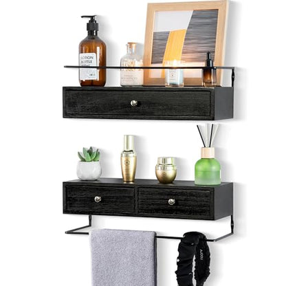 dreampossible 2-Pack Rustic Floating Shelves with Drawer, Black, 15.8 Inch Long, Wall-Mounted, Bathroom, Kitchen, Living Room Storage - color: Black, size: 15.8 Inch Long