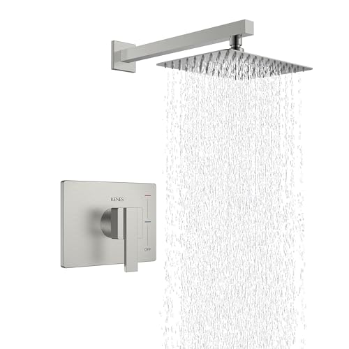 KENES Brushed Nickel 10-Inch Shower Head and Handle Set, Square Shower Faucet Set Bathroom Rainfall Shower System Wall Mount, KE-6024B (Shower Valve Included) - color: Brushed Nickel, style: Shower Faucet Set