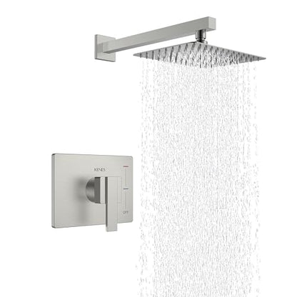 KENES Brushed Nickel 10-Inch Shower Head and Handle Set, Square Shower Faucet Set Bathroom Rainfall Shower System Wall Mount, KE-6024B (Shower Valve Included) - color: Brushed Nickel, style: Shower Faucet Set
