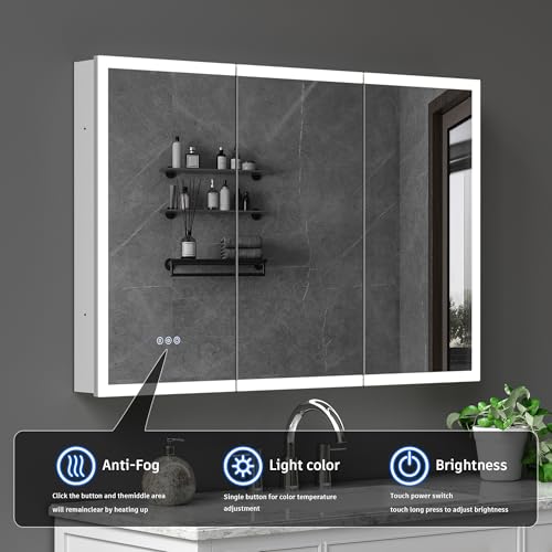 48x32" Wall-Mounted LED Bathroom Medicine Cabinet with Outlets, Anti-Fog | Surface-Mount/Recessed, Double-Sided Mirror Cabinet, 3 Color Temp, DTC Silent-Close Hinges, Adjustable Tempered Glass Shelf - size: 48"Wx32"H