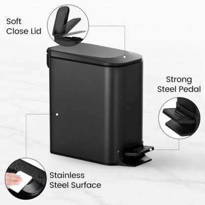 TIPGO Slim Bathroom Trash Can with Lid Soft Close, Step Pedal, 6 Liter / 1.6 Gallon Stainless Steel Garbage Can with Removable Inner Bucket, Anti-Fingerprint Finish (Matte Black) - color: Matte Black