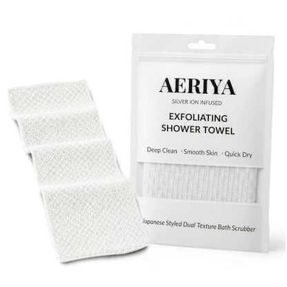 Exfoliating Washcloth – Long Japanese-Style Back Scrubber for Shower, 2-Sided Body Scrub Exfoliating Towel, Quick Dry Bath Cloth for Men & Women, White - color: White