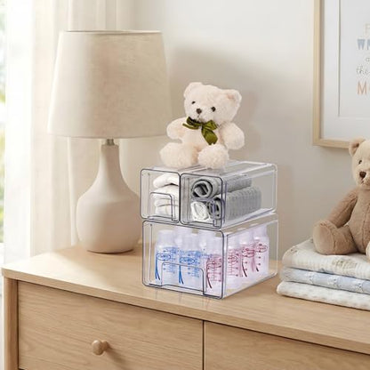 Sorbus 1 Large & 2 Small Clear Stackable Storage Drawers, Plastic Organizer Bins with Handles, Pull-Out Stackable Drawers for Bathroom Closet, Medicine, Cabinet, Pantry Storage, Baby Bottle Organizer - size: 1 Large + 2 Small