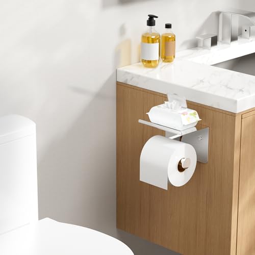 FORIOUS Toilet Paper Holder with Shelf, Adhesive or Screw, Chrome | Wall Mount Toilet Paper Roll Holder for Bathroom, Stainless Steel Commercial Toilet Tissue Roll Dispenser with Phone Shelf - color: Chrome