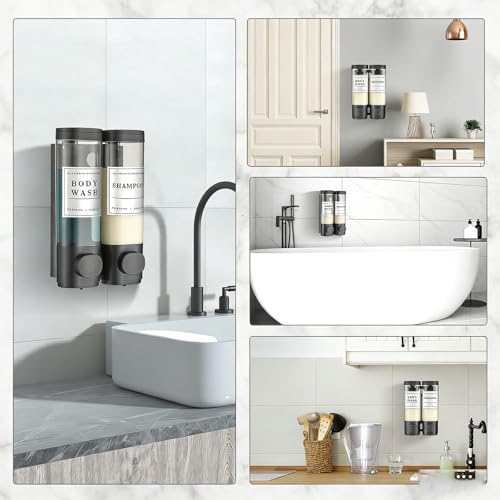 Shampoo and Conditioner Dispenser Bathroom Shower Soap Dispenser Wall Mounted Shampoo Dispenser for Shower Wall No Drill 2 * 300ml Black 2 Chamber with Waterproof Labels - color: Black 2