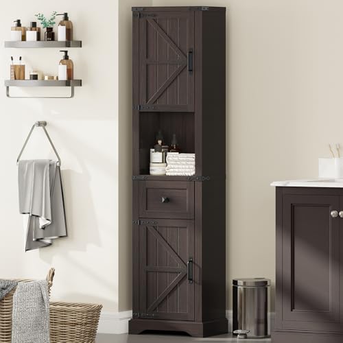 Vabches 66" Tall Farmhouse Bathroom Storage Cabinet with Barn Door,Espresso | Narrow Storage Unit with Drawer, Adjustable Shelves & 5-Tier Space, Freestanding Cabinet for Bathroom, Entryway, Kitchen - color: Espresso