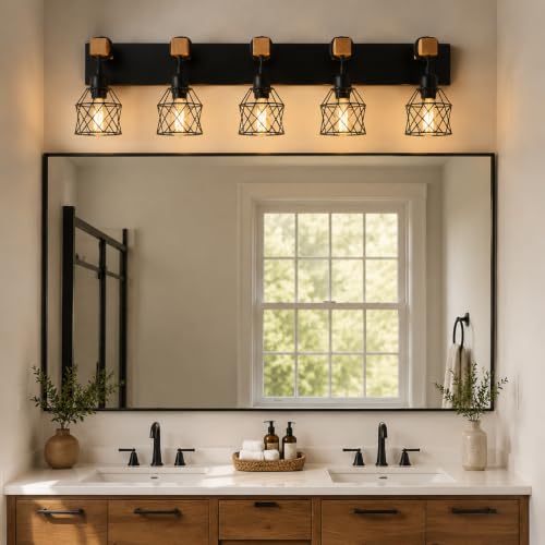 Farmhouse Vanity Light Fixture,5-Light Bathroom Lighting,Black Industrial Wood Wall Light Over Mirror with Metal Shade,LED Bulbs Not Included - color: Black, size: 5-Light-Wide 35"