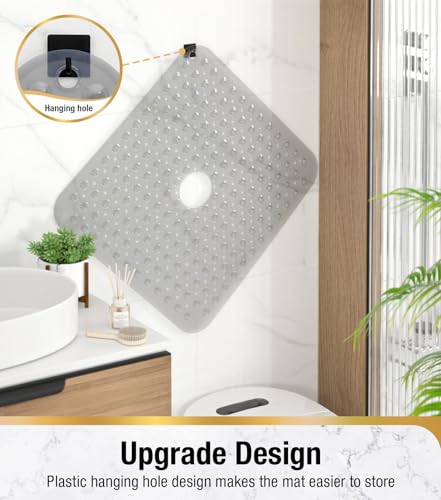 HITSLAM Square Shower Mat, Non Slip PVC Stall Mat, 24"x24", Grey | Power Grip Suction Cups, Center Drain Hole, Built-In Hanging Holes, Machine Washable Bathroom Floor Mat, Soft On Feet - color: Smoke Grey